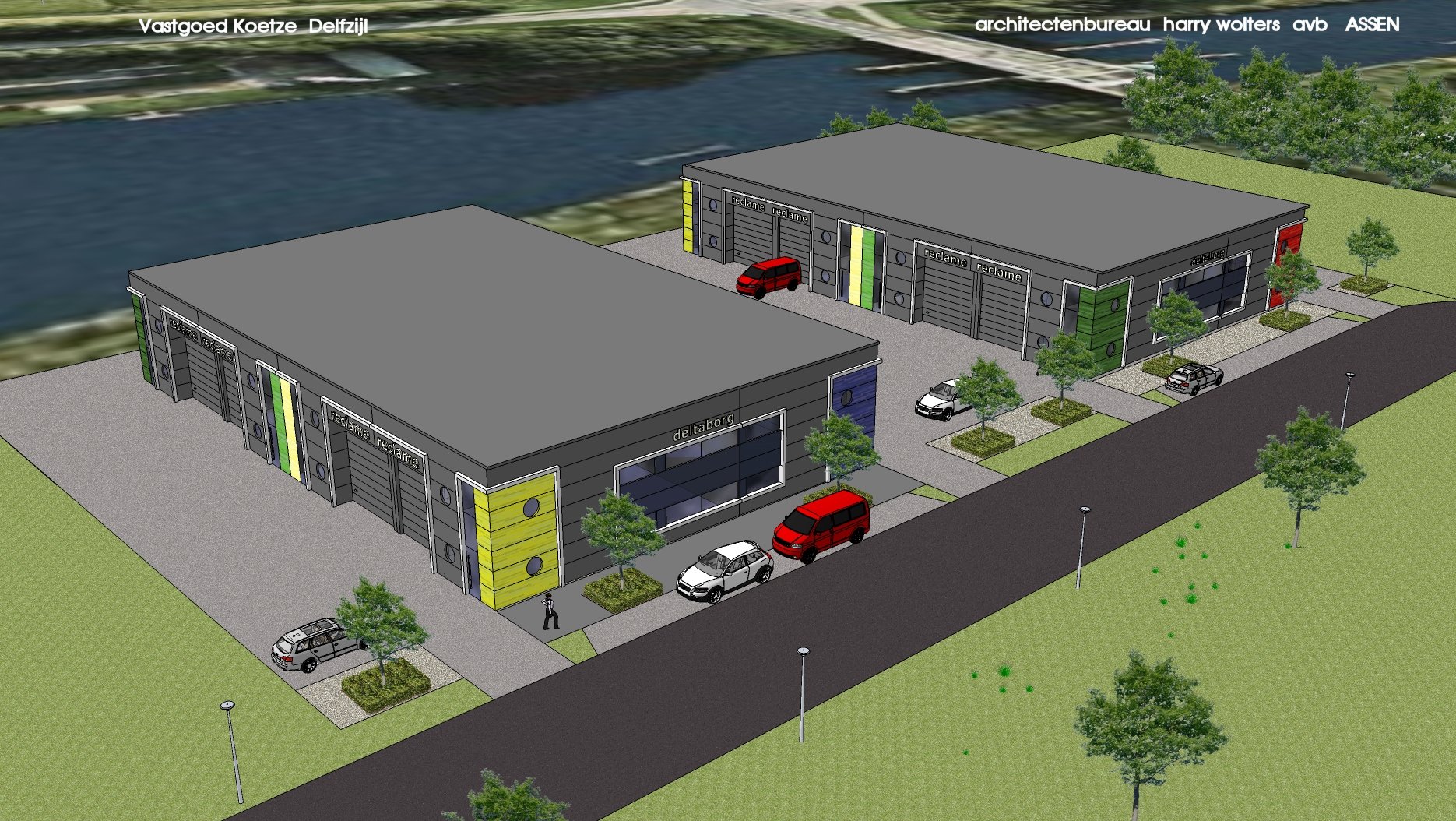 Artist impression van het tweede bedrijfsverzamelgebouw van Vastgoed Koetze op bedirjventerrein De Delta in Delfzijl