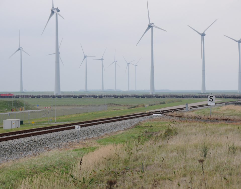 Goederentrein met bielzen in de Eemshaven
